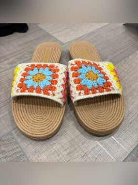 Fashion Nova Multicolor Crochet Slide Sandals - Cream, Orange, Blue, Yellow, Tan